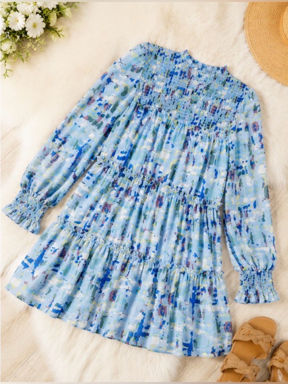 Entro Blue Abstract Print Smocked Tiered Mini Dress Size Large